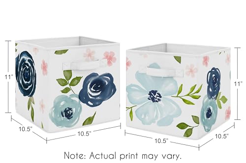 Image of Sweet Jojo Designs Navy Blue and Pink Watercolor Floral Foldable Fabric Storage Cube Bins Boxes Organizer Toys Kids Baby Childrens - Set of 2 - Blush, Green and White Shabby Chic Rose Flower