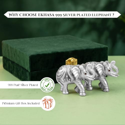 Image of Ekhasa 999 Pure Silver Plated Elephant Statue Pair for Vastu & Good Luck with Velvet Gift Box | Home & Office Decor | Housewarming Ceremony, Wedding, Griha Pravesh, Diwali & Festive Gift
