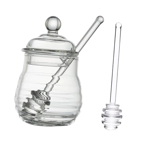Hohopeti 小蜜蜂ガラス製ハニーポット 蓋付き蜂蜜容器 キッチン保存用耐久ジャー 蜂蜜 ジャム 調味料収納可能 携帯撹拌棒 再利用可能