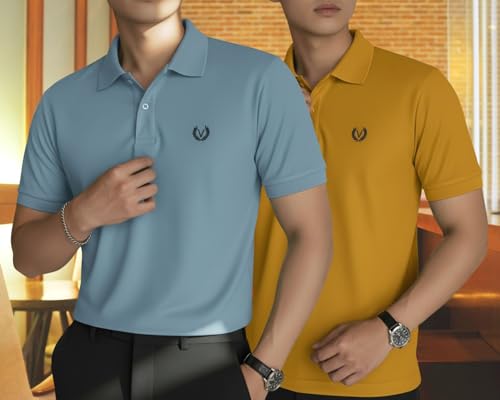 Image of MACK JONNEY Men's Solid Polo T-Shirt | Premium Cotton Blend | Regular Fit | Short Sleeve | Collared Casual Wear|Pack of 2 -MJ-157