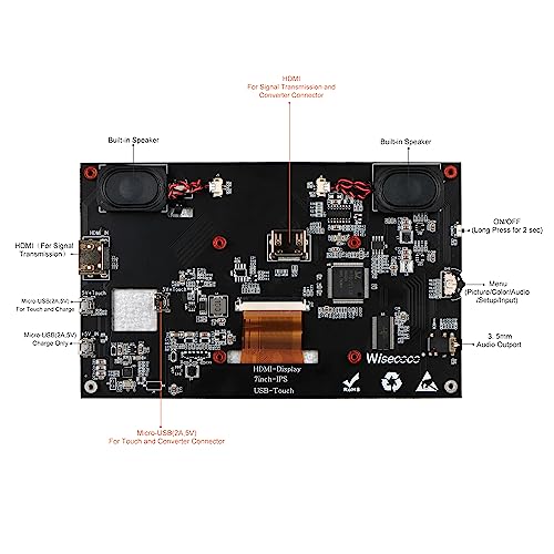 Image of wisecoco 7 inch Portable Monitor for Raspberry Pi, LCD Touch Screen IPS 1024 * 600 No-Cable-Needed, Laptop Screen Extender HDMI Dual-Speaker with OSD for PC Raspberry Pi