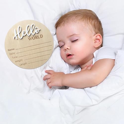 Image of Baby Announcement Sign, 5.9 Inch Wooden Hello World Newborn Signs, Birth Announcement Sign, Baby Shower Hospital Nursery for Newborn Boys and Girls (White,Pen)