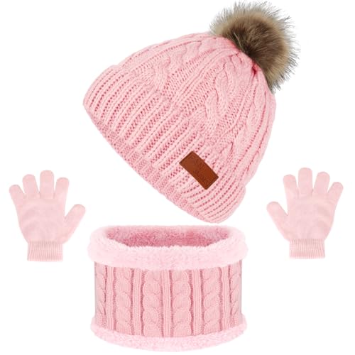 Image of Kids Hat Scarf Gloves Set, Kids Winter Beanie Hat Scarf Gloves Set with Knit Thick Warm Fleece Lined for 1-6 Years Old