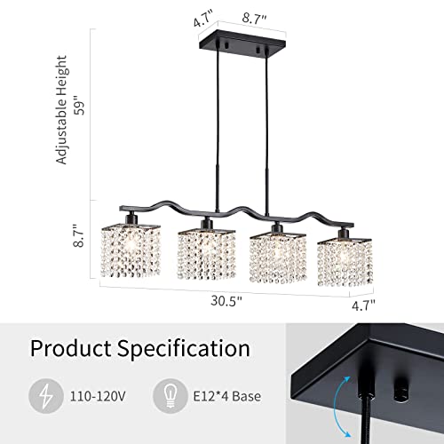 Image of WUZUPS Crystal Chandelier 4-Light Linear Raindrop Pendant Ceiling Light Modern Lighting Fixture for Bedroom Dinning Room Bar Kitchen Island, H8.7'' W4.7'' L30.5, E12 Base, Black