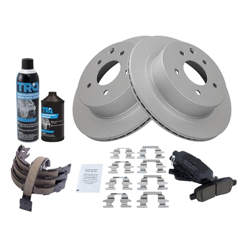 Image of TRQ Rear Brake Pad & Rotor Kit, with Chemical Kit Parking Brake Shoe Set Ceramic Premium G-Coated Compatible with 2011-2022 Nissan Leaf 2008-2013 Rogue 2014-2015 Rogue Select