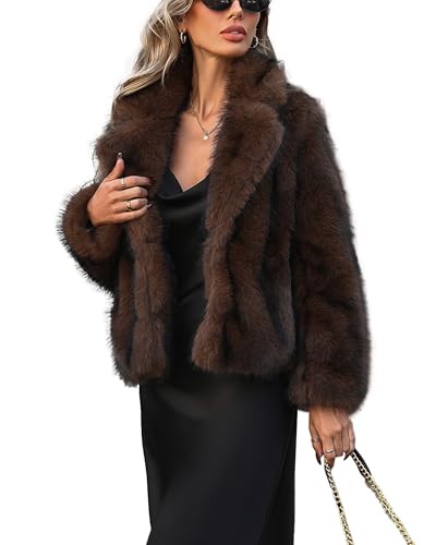 Women's Winter Faux Fur Coat Open Front Pockets Long Sleeve Fluffy Jacket