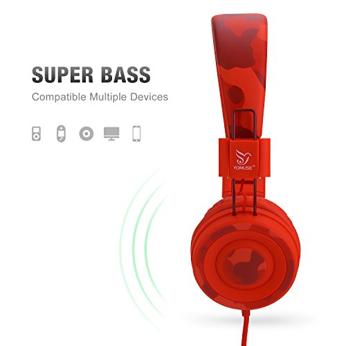Yomuse C89 Kids Headphones, Wired Headphone With Microphone, On Ear Headphone With Adjustable, Foldable Headphones For School Travel Children Girls Boys Adults (Camo Red) #TOP3