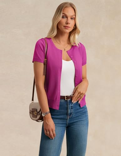 Image of GRACE KARIN Women Short Sleeve Cardigan, 2026 Summer Knitted Sweater Tops, Basic Crew Neck Crop Outfits