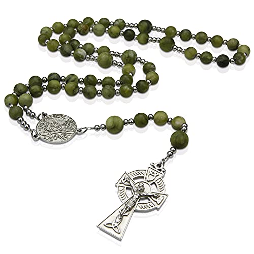St Patrick Green Jade Rosary, Irish Rosary with Stainless Steel Celtic Cross and Medal - Main Image