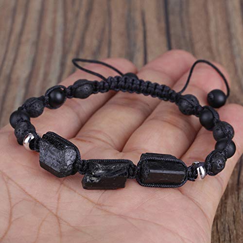 Image of Natural Rough Black Tourmaline Healing Stone Bead Matte Onyx Alternate Lava Nylon Rope Unisex Adjustable Macrame Energy Bracelet Lava N Matte Agate Unisex Adjustable