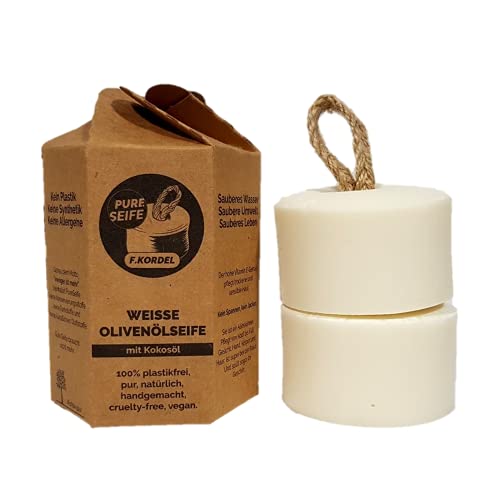 Preisvergleich Produktbild IchbinPUR - Weiße Olivenölseife im Doppelpack (2x140g) / zertifizierte Naturkosmetik / Hautpflegend / gegen Haarausfall und Schuppen / Vegan / Plastikfrei / Palmölfrei / Ohne Parfüm / Ohne Allergene