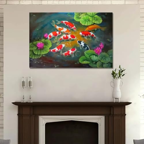 Décoration murale koi lotus XINBAO tableau vintage encadré home