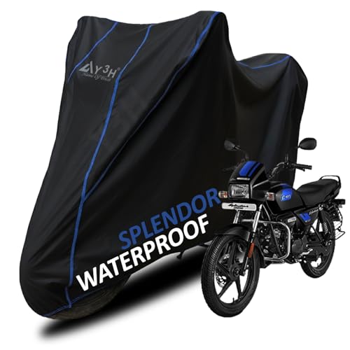 Image of Bike Body Cover Hero Splendor Full Body Cover with Waterproof, Dust Proof, UV Rays Protective, Tripple Stitching & Lightweight Two Wheeler Covers - Black with Waterproof Blue Piping