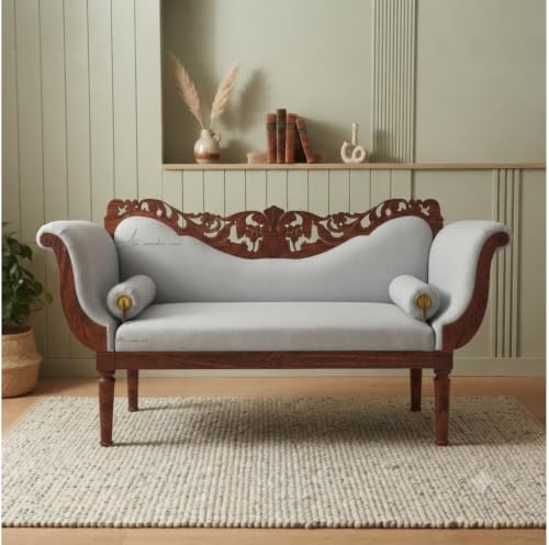 Image of Victorian Style Chaise Lounge, Tufted Cream Upholstery, Mahogany Wood Frame, Classic Living Room Furniture (Light Grey)