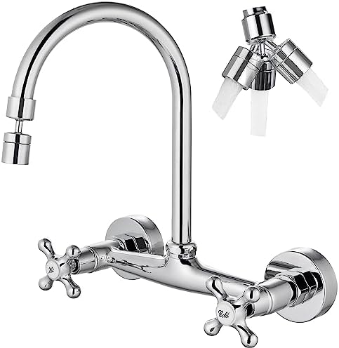 Airuida Chrome Polish Wall Mount Kitchen Sink Faucet 8 Inch Center Wall Mounted Kitchen Faucet Double Cross Handles 360 Degree Swivel Spout Kitchen Mixer Commercial Utility Laundry Restaurant Tap