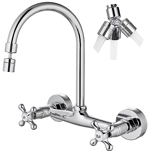 Airuida Chrome Polish Wall Mount Kitchen Sink Faucet 8 Inch Center Wall Mounted Kitchen Faucet Double Cross Handles 360 Degree Swivel Spout Kitchen Mixer Commercial Utility Laundry Restaurant Tap #TOP16