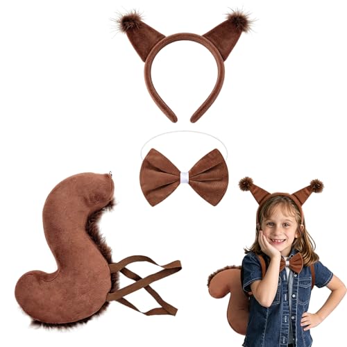 QingWing Eichhörnchen Kostüm kinder Kostüm tier Damen mit Eichhörnchen Ohren Fliege Schwanz für Tierrollenspiele Geburtstagsfeiern Halloween Karneval und Andere Partyanlässe