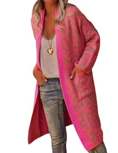 Kinghua Leopard Print Tops for Women Winter Fall Casual V Neck Long Sleeve Vintage Long Knit Cardigan Sweater Tops Coat