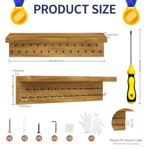 Image of Medal Holder Display Trophy Shelf Organizer, Sturdy Wooden Race Award Hanger Rack with 25 Steel Hooks, Wall Mount Storage Stand for Sports Fans, Cheer Success