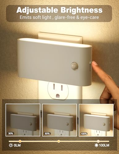 Image of JandCase Motion Senor Night Light,2 Pack Night Lights Plug into Wall, 0-100 LM Dimmable Plug in Nightlight, LED Night Light, 3000K Warm White for Bedroom Bathroom Hallway Home Decor