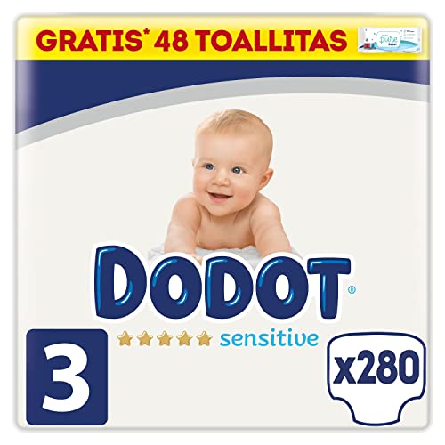 Dodot Pañales Bebé Sensitive Talla 3 (6-10 kg), 280 Pañales + 1 Pack de 40 Toallitas Gratis Aqua Plastic Free, Óptima Protección de la Piel de Dodot, Pack Mensual