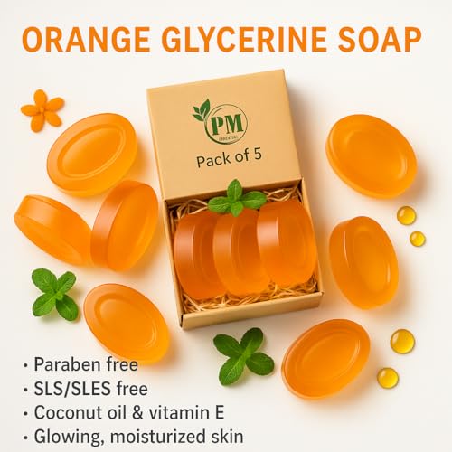 Image of PM Herbal Natural Glycerine Soap | Paraben Free SLS /SLES Free Handmade Herbal Bathing Bars with Coconut Oil, Vitamin E & Essential Oils for Glowing, Moisturized Skin 5 Fragrance (Orange (Pack Of 5))