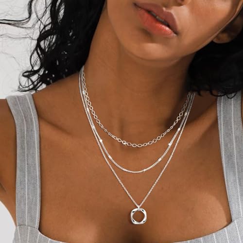 Layered Silver Necklaces for Women, Sterling Silver Stackable Stack Choker Necklaces for Women Trendy Layering Circle Pendant Chain Necklace Set Jewelry for Women3