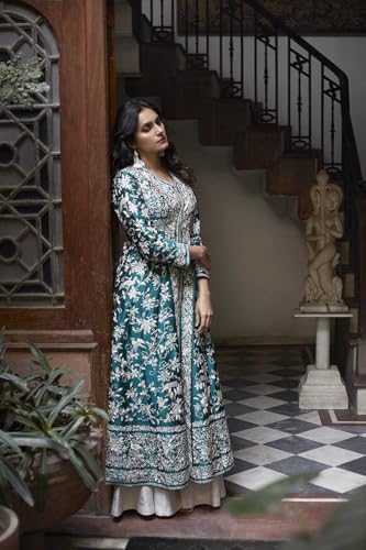 Image of Women's Cotton Embroidery A-line Kurti with Palazzo Set (Green-XL)