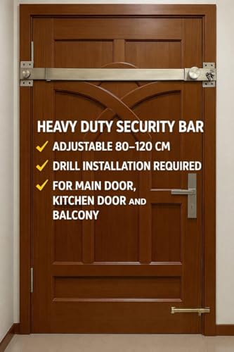 Image of Heavy Duty Door Security Bar Adjustable 80-120 cm | Stainless Steel Safety Lock for Main Door | Additional Lock to Door| Drill /Hammer Fixed |Extra Door Protection