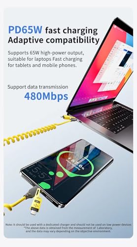 Image of 4-in-1 Fast Charging Cable 65W - USB & Type-C to Type-C /I Multi-Device Spring Coiled Charging Cable - Universal High-Speed Data Cable for iPhone, Android, iPad, Laptop & More