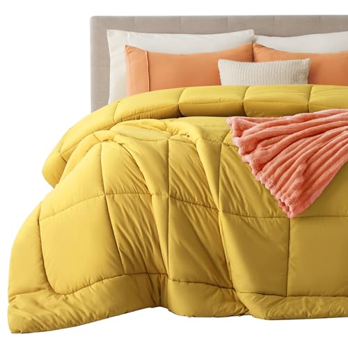 Image of Bedsure Comforter Duvet Insert - Quilted Comforters Cal King Size, All Season Duvet, GentleSoft Down Alternative Bedding, with 8 Tabs, Gifts for Women /Men, Mustard Yellow, Cal King 96 X 102 Inches