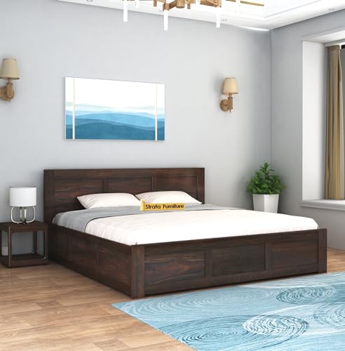 Image of STRATA FURNITURE Sheesham Wood Queen Size Bed with Box Storage Double Cot Wooden Palang for Bedroom Living Room Furniture (Walnut Finish)