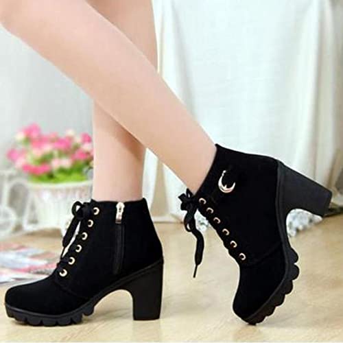 Women Lace Up Ankle Boots Chunky Heel Zip Buckle Booties Suede Zipper Bootie Elegant High Short Boot Shoes2