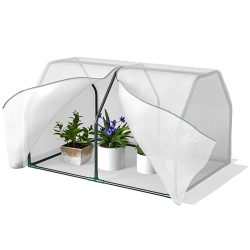 Outsunny Gewächshaus mit PE-Gitterfolie, UV-beständige Foliengewächshaus aus Stahl, Treibhaus für Balkon, Garten, Tomatenhaus 99x71x60cm, Tomatengewächshaus für Gemüse, Blumen, Pflanzen, Weiß