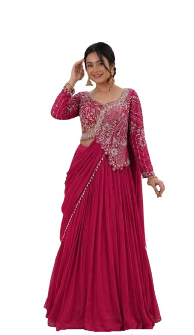 Ready To Wear Indo Western Drape Lehenga choli Set For Womens Bollywood Style Chinon Silk fabric With Embrodery Sequance Work-image-49