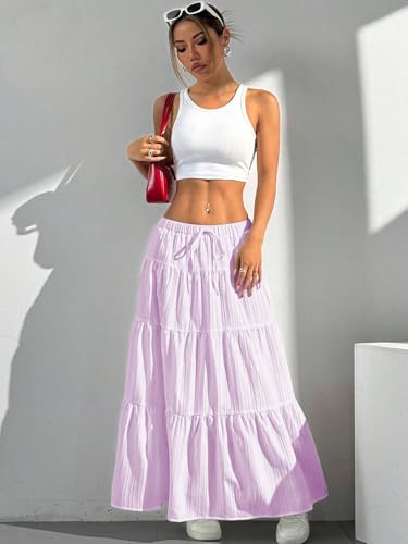 Image of Verdusa Women's Long Maxi Skirt Boho Flowy Flared Ruffle Skirts 2026 Beach Vacation Summer Going Out Outfits