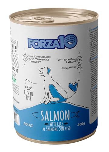 Forza 10 Umido Cane gusto SALMONE e riso, alimento completo di mantenimento per cani adulti di tutte le taglie e razze, for dogs, salmon | 6 scatolette da 400 grammi l'una.