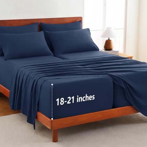 Image of CozyLux 7-Piece Split King Sheets, Fits 18-21 Inch Mattresses, Oeko-TEX | 4 Pillowcases, 1 Flat Sheet and 2 Fitted Sheets with All-Around Elastic, 21-Inch Deep Pockets for a Secure Fit, Navy
