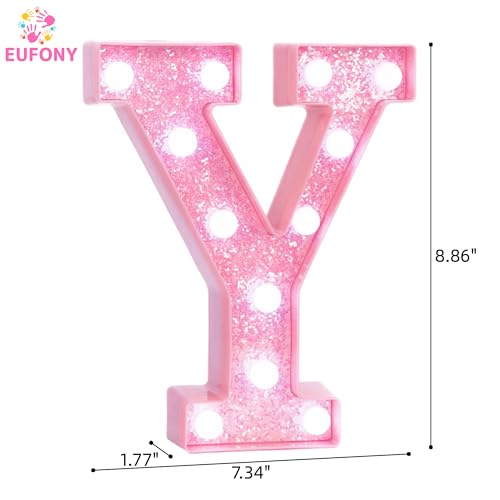 Image of Pink Marquee Light Up Letters, Glitter Alphabet LED Letter Lights for Pink Birthday Party Decorations, Battery Operated Letter Sign for Girls Room Vanity Table Decor, Cool White Lights Letter Y
