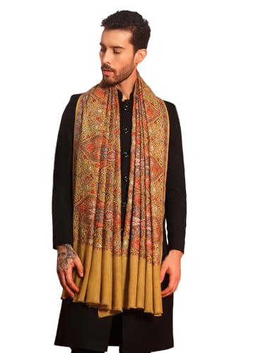 Écharpe brodée en pure laine protégeant du froid, grand pashmina vert pour homme