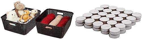 Image of Amazon Brand - Solimo Storage Basket, Set of 2, Large, Brown, Plastic & Amazon Brand - Solimo Wax Tealight Candles (Set of 50, Unscented)
