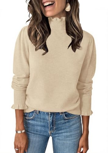 Image of Womens Ruffle Mock Neck Sweater Puff Long Sleeve Fall Trendy Pullover Tops