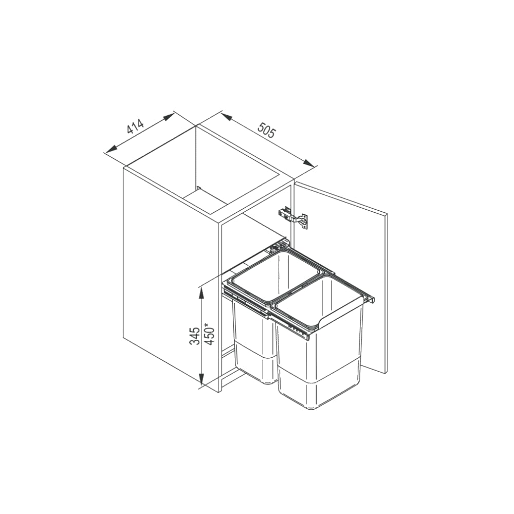 Einbau-Mülltrennsystem für 45 cm Unterschrank Müllauszug System mit Griff und Metallschienen Vollauszug zur Müllsortierung 2-fach Abfalltrennung (2x 20L), 41,4 x 50,5 x 45 cm