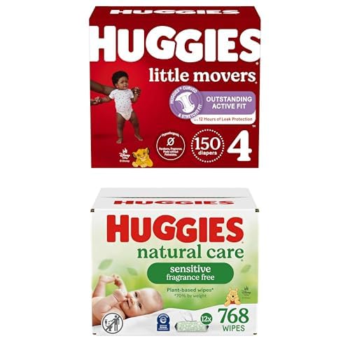 Image of Little Movers Bundle: Huggies Little Movers Baby Diapers, Size 4 (22-37 lbs), 150 Count & Huggies Natural Care Sensitive Baby Wipes, 768 Count (12 Packs of 64)