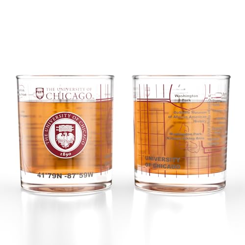 Image of Greenline Goods - University of Chicago Maroons College Whiskey Glasses (Set of 2), 10 oz - Full-Color Logo + Campus Map