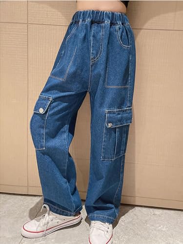 FEESHOW Kids Girls Casual Loose Washed Denim Cargo Pants High Waist Wide-Leg Jeans Trousers with Pocket3