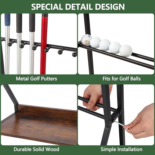 Image of Golf Club Holder for 9 Clubs & 9 Balls, Solid Wood & Iron Golf Organizer, Golf Putter Holder Floor Stand, Golf Club Stand Suitable for Golf Simulators|Golf Course Accessories