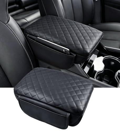 Image of Center Console Cover for Jeep Grand Cherokee L 2026 2025 2024 2023 2022 2021, 1.2-Inch Thick PU Leather Middle Armrest Cushion Protector Pad with 2 Side Pockets, Black