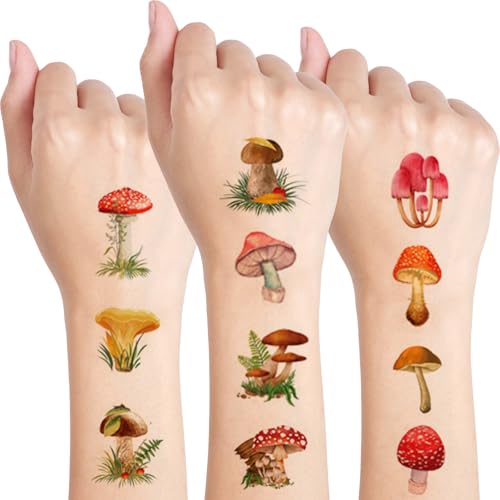 Qpout 10 hojas de tatuajes de hongos para niños, lindas pegatinas de hongos para fiestas de cumpleaños, regalos de carnaval, recompensas de aulas para niños y niñas