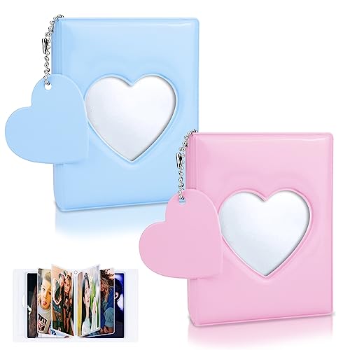 CIOUYAOS 2pcs Kpop Photocard Binder, 3 Inch Mini Kpop Photo card Holder with Heart Keychain, Small Cute Photo Album 64 Pockets For Collecting Picture Lomo Cards Storage (Pink+Blue)